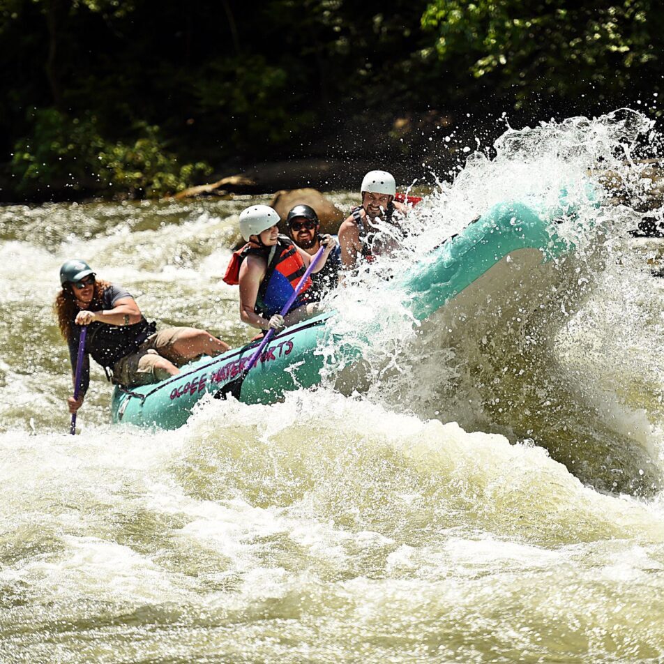 Rafters hitting a rapid on the Ocoee River.