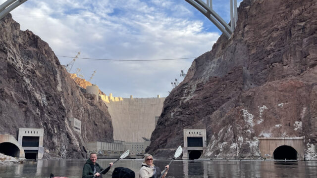 Blazing paddles flat water kayaking on the Colorado River.