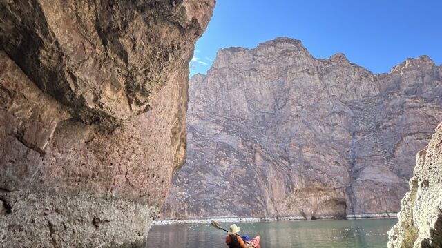 Blazing paddles flat water kayaking on the Colorado River.