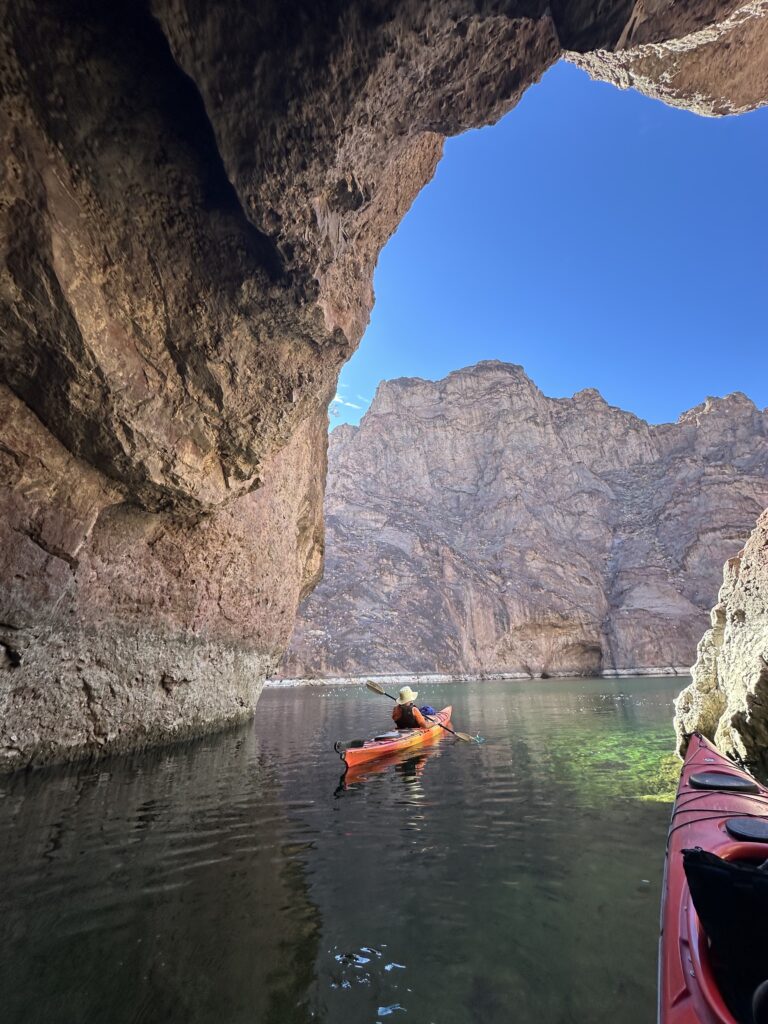 Blazing paddles flat water kayaking on the Colorado River.