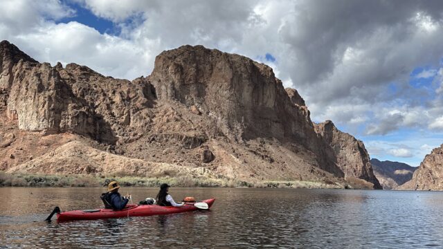 Blazing paddles flat water kayaking on the Colorado River.