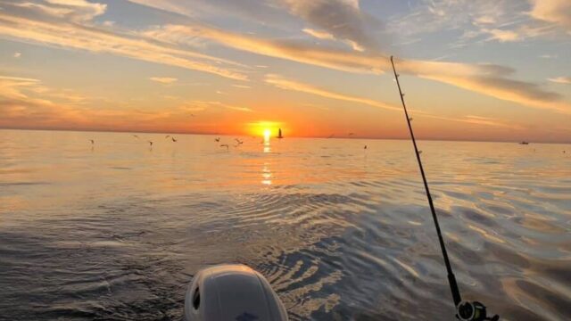 A fishing pole hangs of the stern of a boat in front of a sunset.