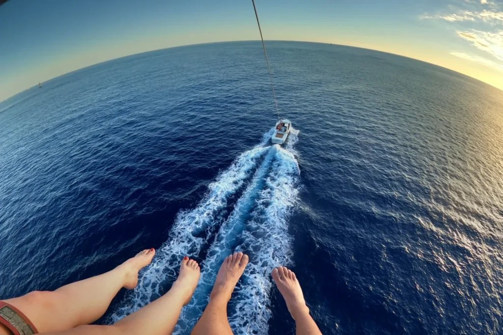 A parasailers view of the boat with two pairs of feet hanging.
