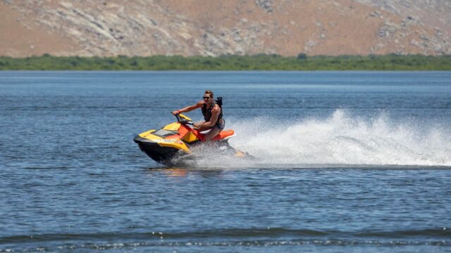 A jet ski leaves a wake on Lake Isabella.
