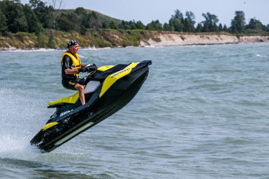 A jet ski jumping in the air.