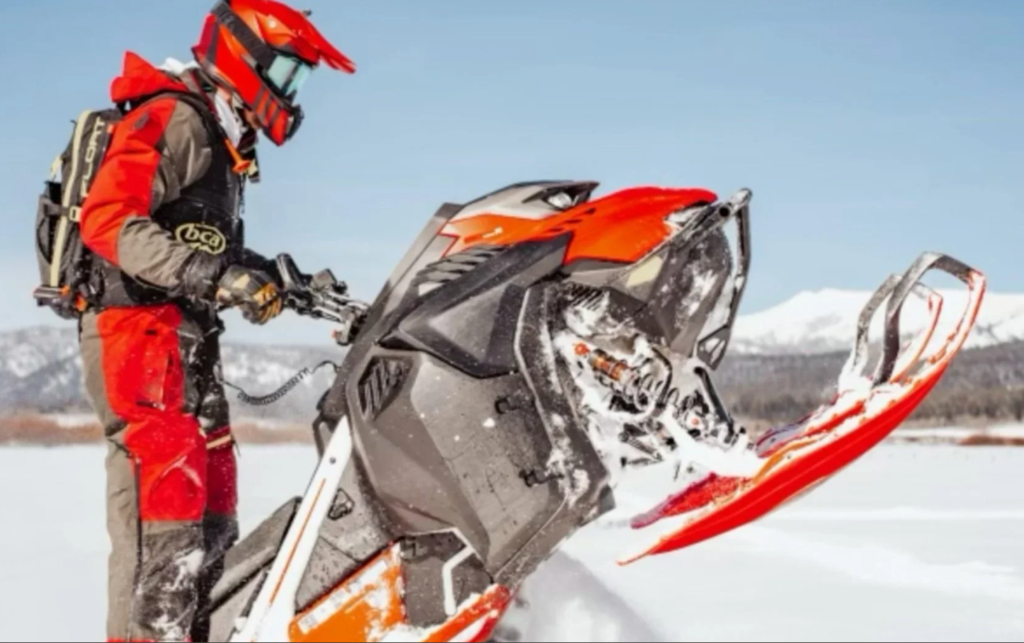 A red snowmobile in Montana.
