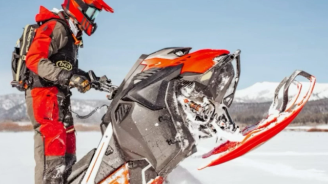 A red snowmobile in Montana.