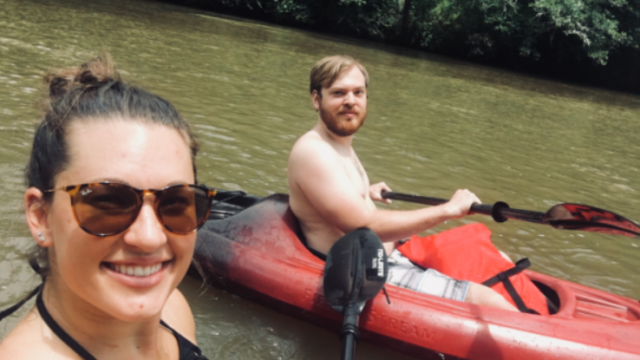 two kayakers on broad river.