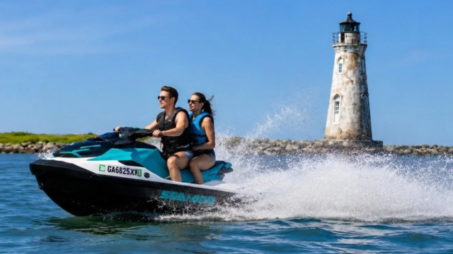 Jet ski in front of light house tybee island.