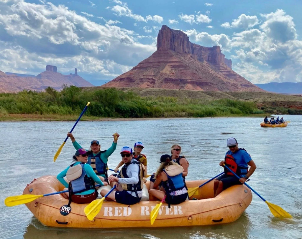 A raft on the colorado river in moab.