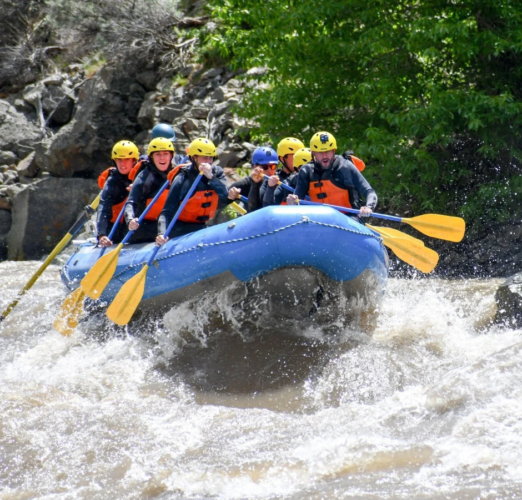 A whitewater raft on a rapid in yellowstone.