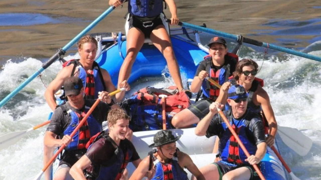 A whitewater raft on a rapid in Idaho.