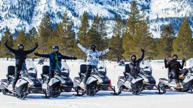 A group of snowmobilers in Tahoe.